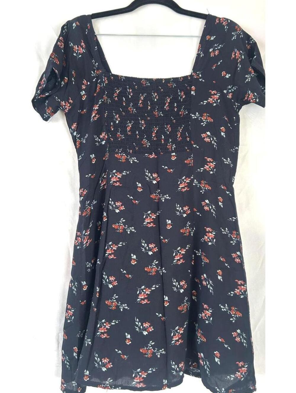 Black Floral Smocked Dress Short Sleeve Square Neck Mini Dress Size M